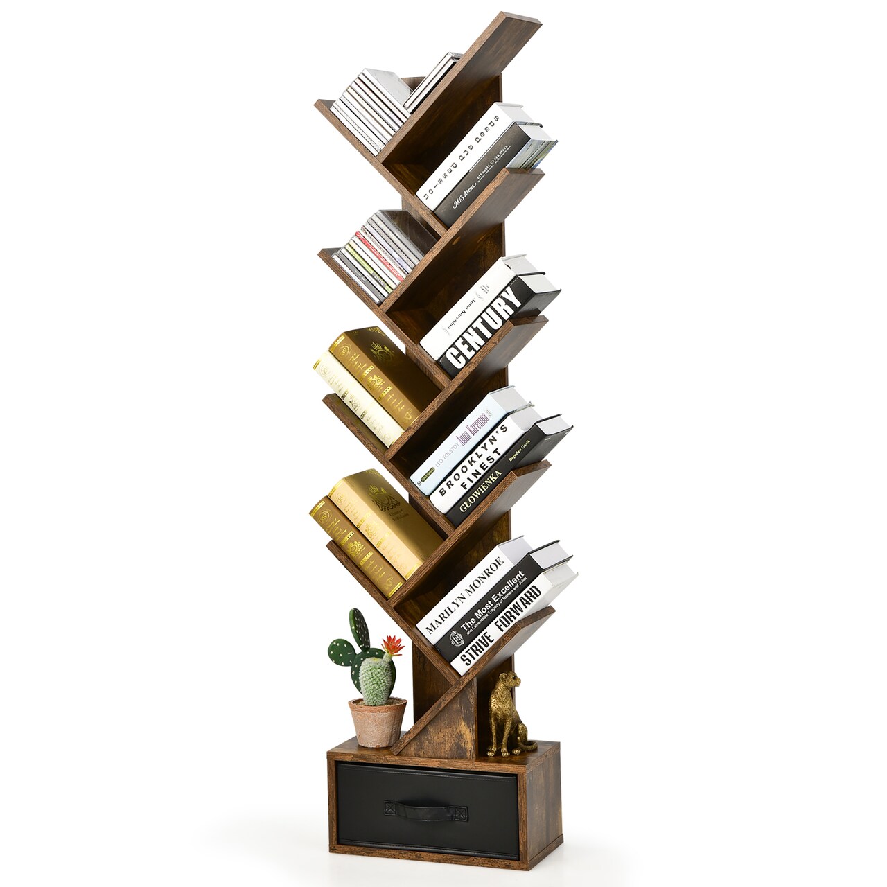 Costway 10-tier Tree Bookshelf with Drawer Free-standing Bookcase Storage Shelf White\Brown